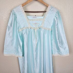 Miss Elaine Vintage Blue Green Satin Nylon Maxi Nightgown Lace Floral Women L